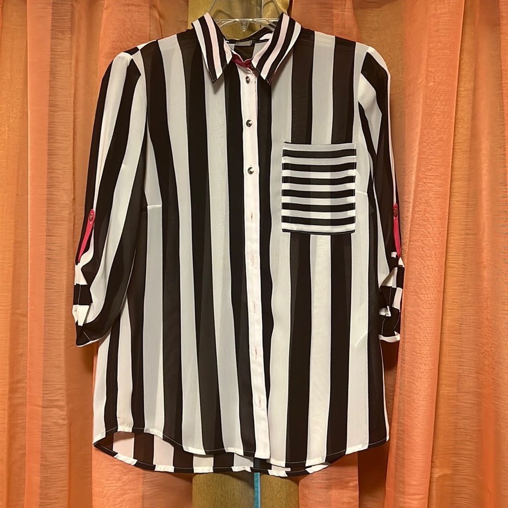 sheer striped button up with pink details